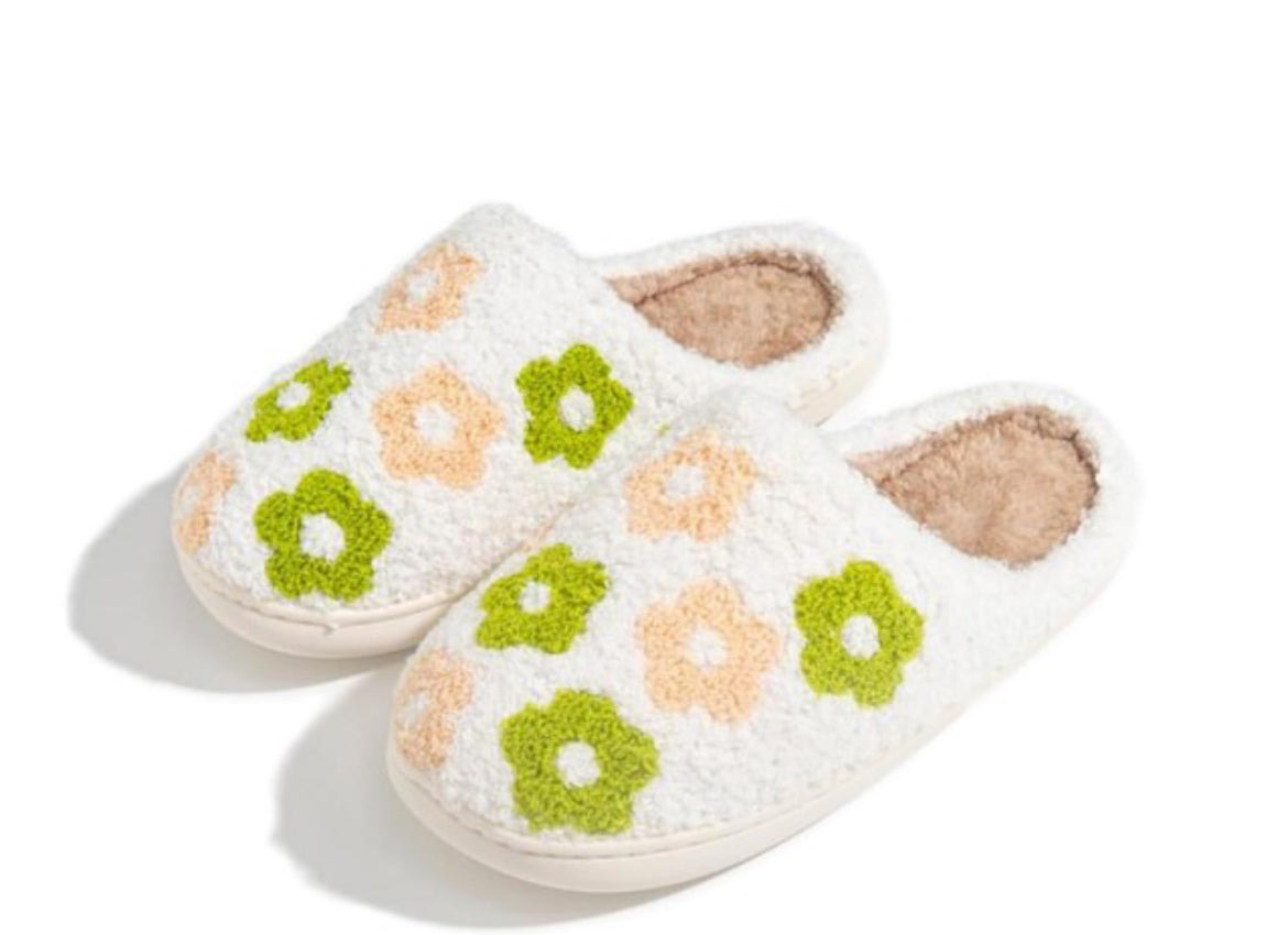 Plush Flowers Slide On Slippers-Green