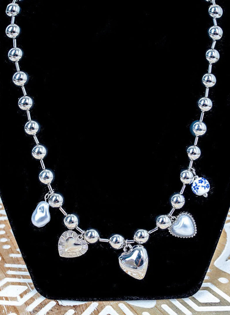 BLUE FLORAL HEIRLOOM HEART SILVERTONE BEAD CHARM NECKLACE