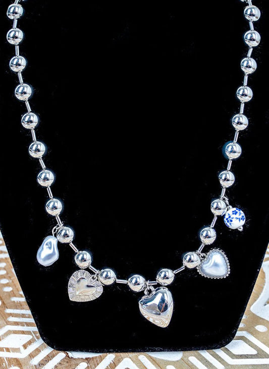 BLUE FLORAL HEIRLOOM HEART SILVERTONE BEAD CHARM NECKLACE