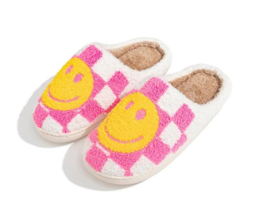 Hot Pink Happy Face Checker Slide On Slippers