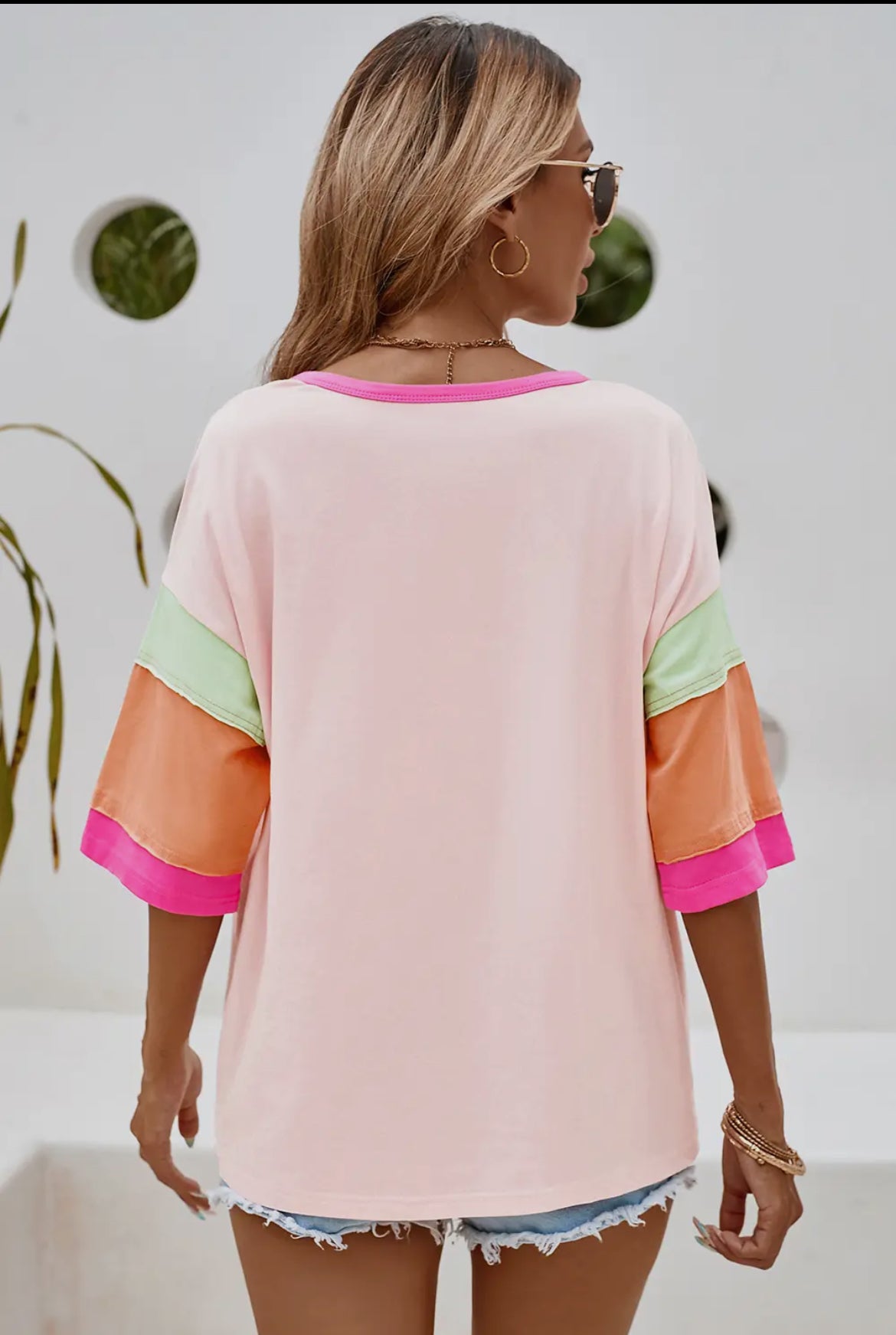 PINK COLOR BLOCK STITCHING SLEEVE ROUND NECK OVERSIZE TOP