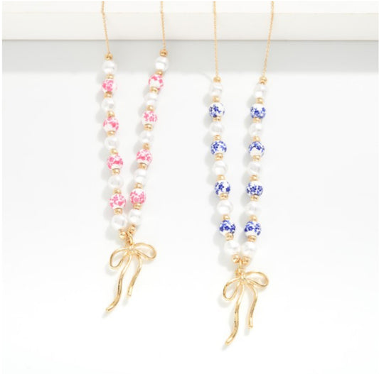 Pearl & Chinoiserie Bead Beaded Chain Link Necklace