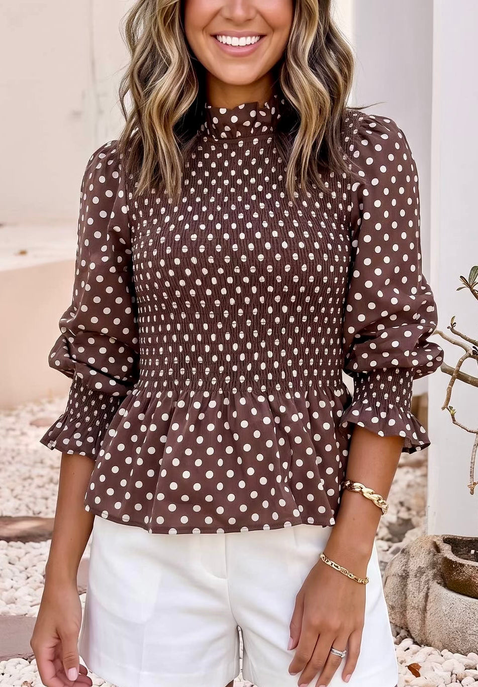 Polka Dot Ruffled Mock Neck
Shirred Ruffle Hem Blouse