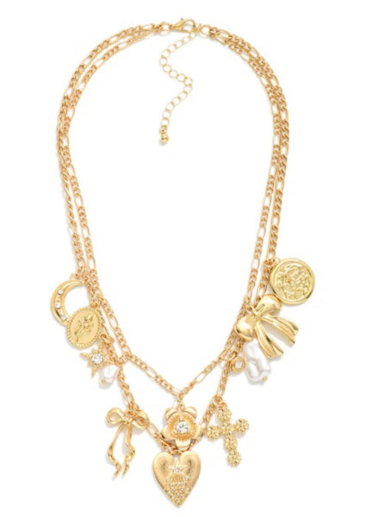 Layered Bow, Heart & Cross Charm Necklace