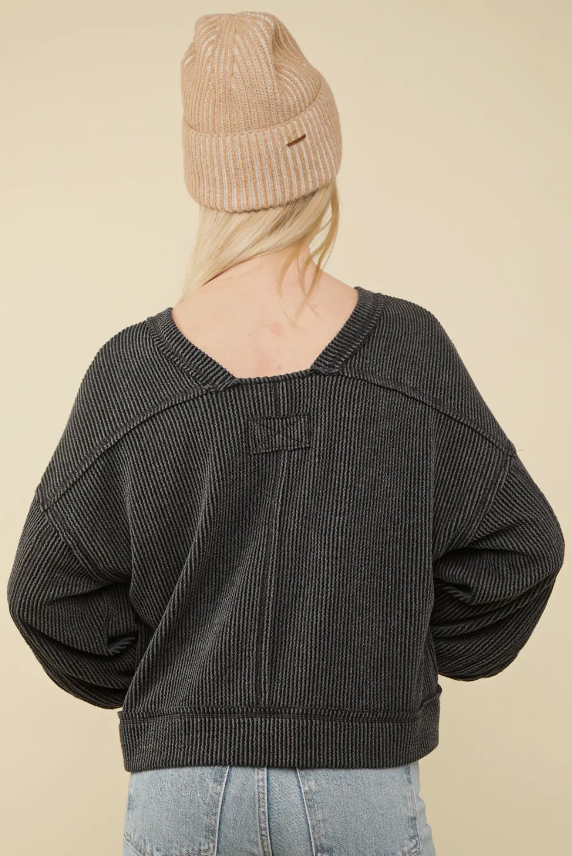 Two Tone Ribbed Comfy Top-Charcoal