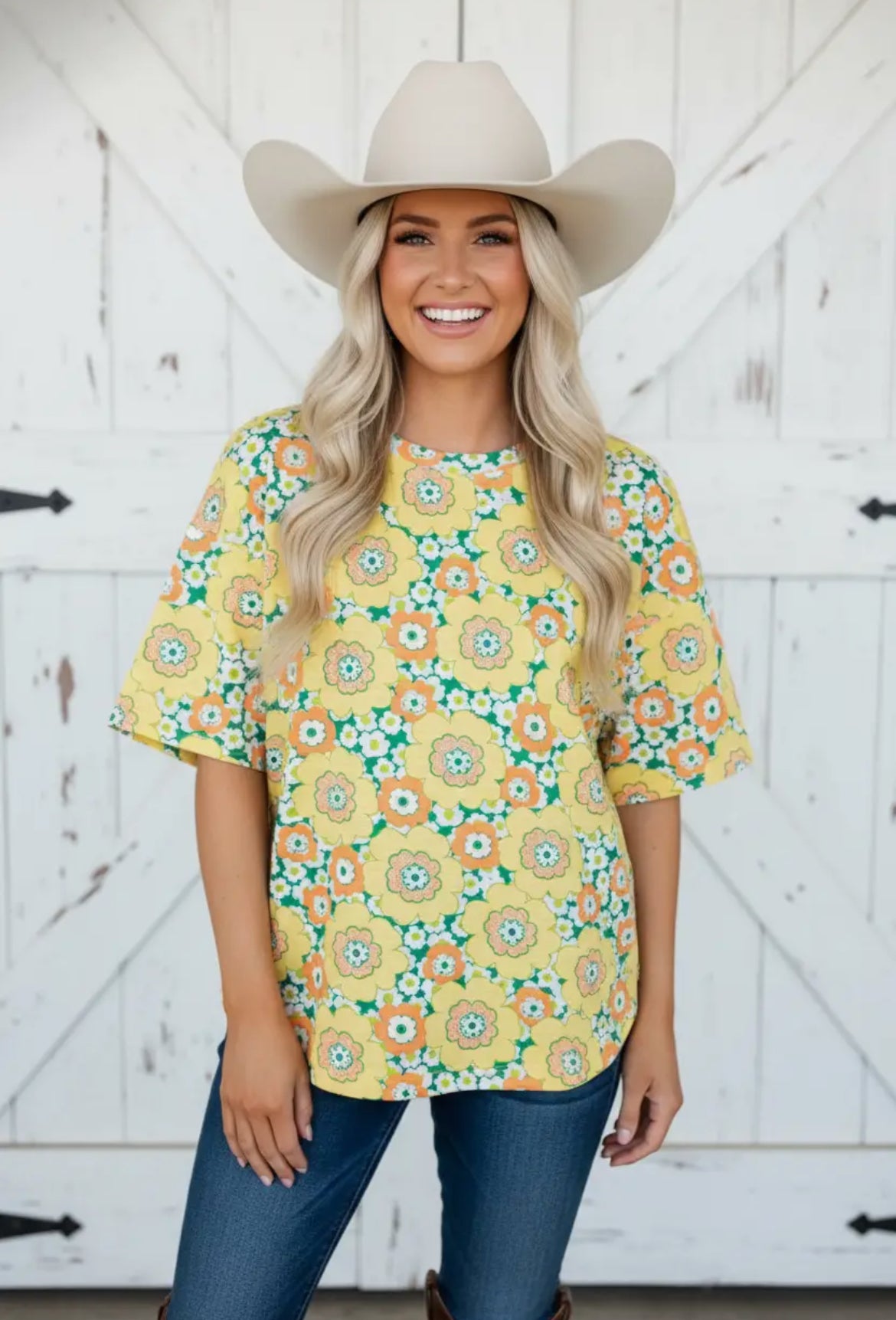 Yellow Summer Flower Printed Drop Shoulder Loose T Shirt
