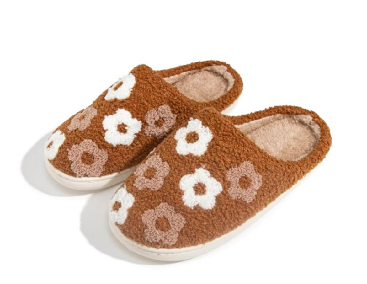 Plush Flowers Slide On Slippers-Brown