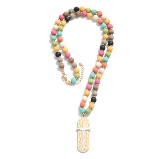 Wood Beaded Necklace With Hammered Cross Pendant