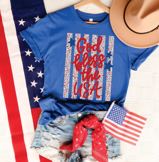 God Bless The USA Floral Stripes Tee