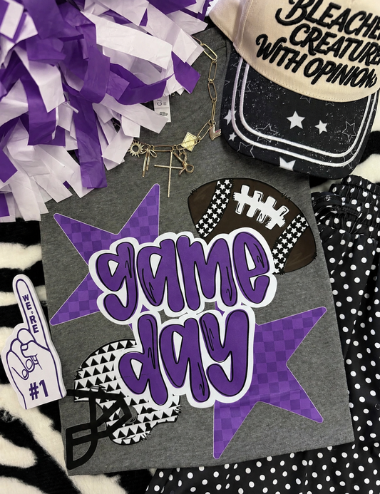 GAME DAY PURPLE CHECKERED STARS TEE