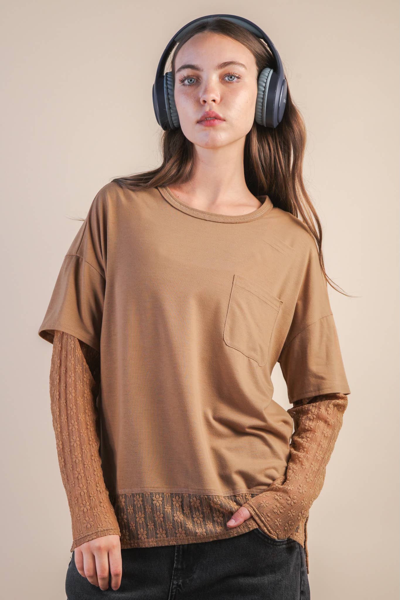 Oversized Casual Knit Top w/ Lace-Mocha