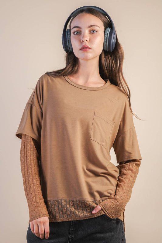 Oversized Casual Knit Top w/ Lace-Mocha