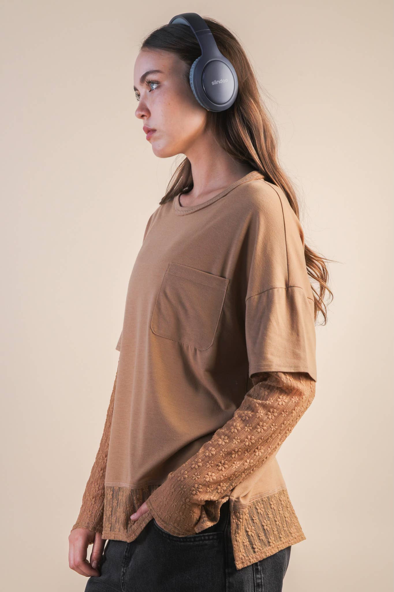 Oversized Casual Knit Top w/ Lace-Mocha