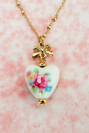 PINK PORCELAIN HEART GOLDTONE NECKLACE