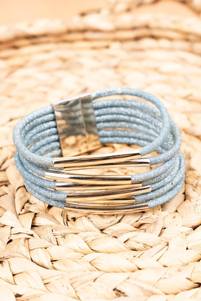 SILVERTONE BAR AND LIGHT BLUE GLITTER MULTI-STRAND MAGNETIC BRACELET