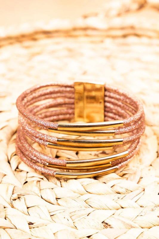 GOLDTONE BAR AND ROSE GOLD GLITTER MULTI-STRAND MAGNETIC BRACELET