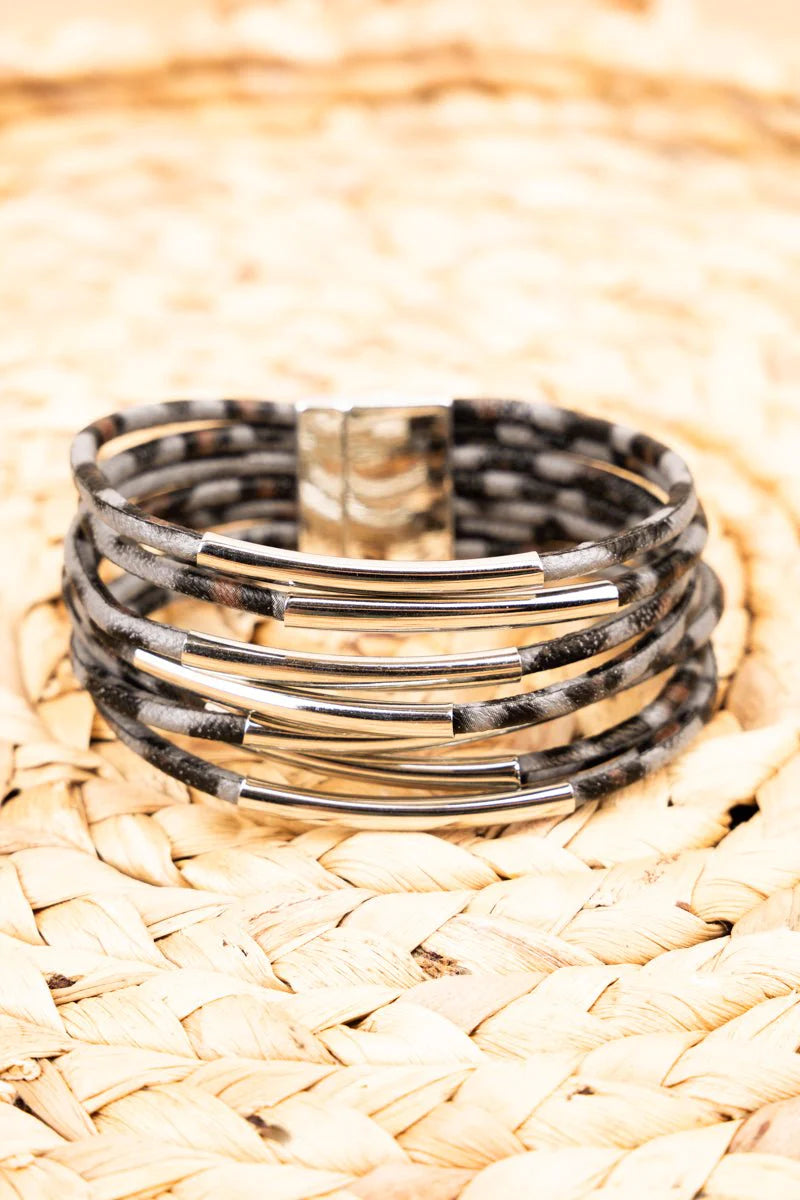 SILVERTONE BAR DARK GRAY LEOPARD MULTI-STRAND MAGNETIC BRACELET