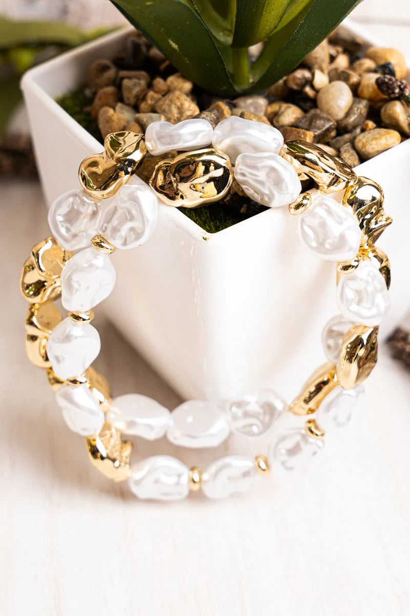 DOUBLE DATE PEARL AND GOLDTONE BEADED BRACELET SET