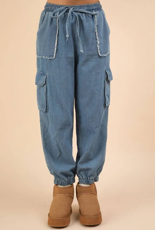 Washed Denim Jogger Cargo Pants