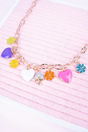 SPRING FLOWERS AND HEARTS GOLDTONE CHARM NECKLACE