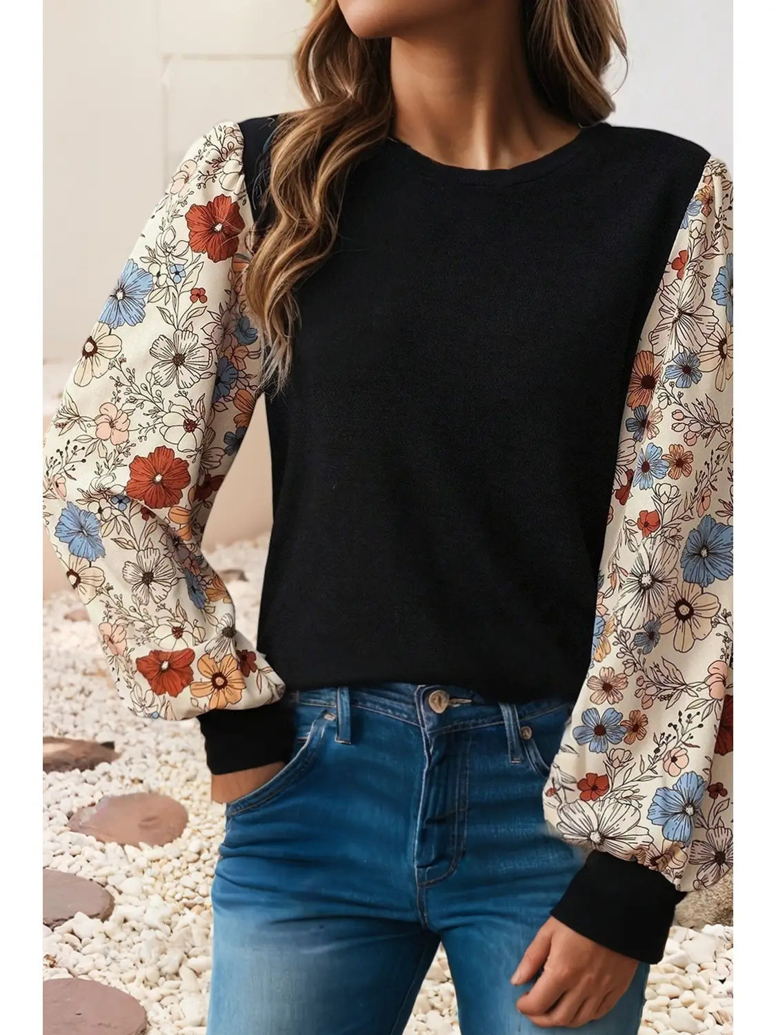Flower Puff Sleeve Patchwork Top