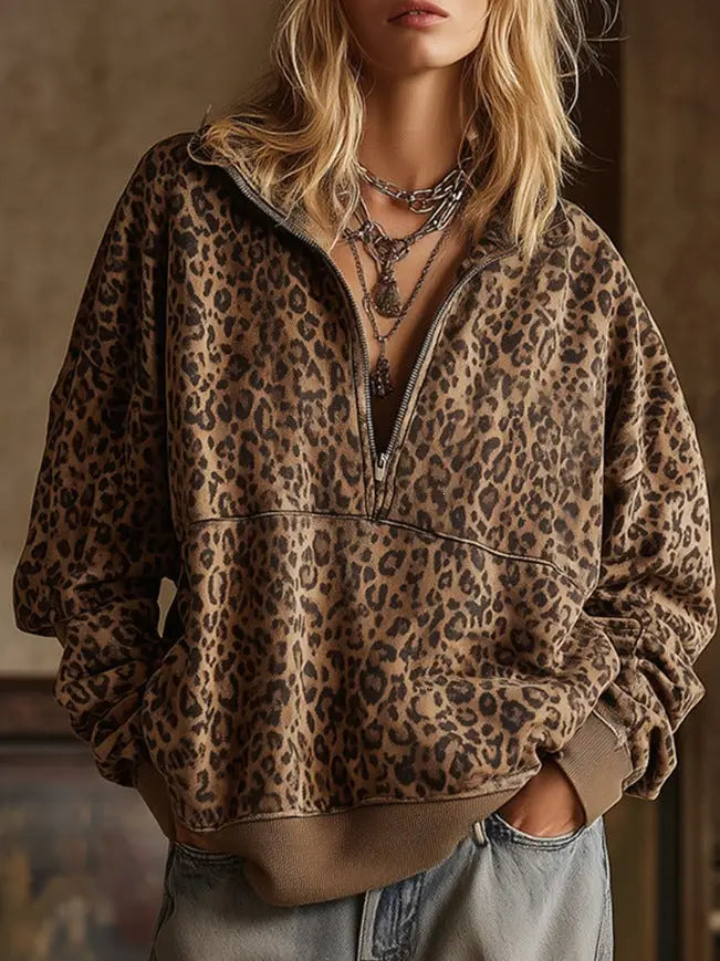 Leopard Print Half Zip Coffee Pullover Sweatshirt