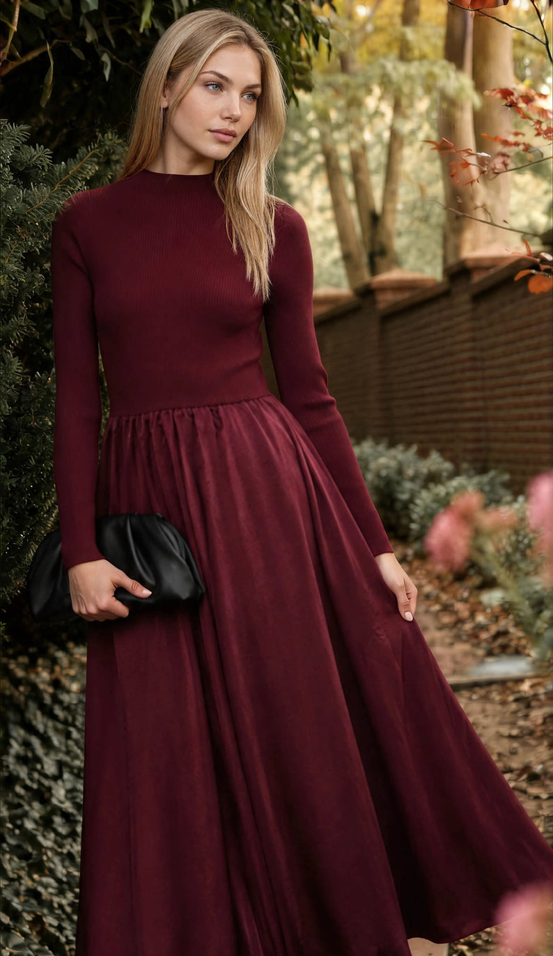 Ribbed Mock Neck Satin Midi Dress