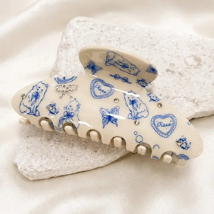 Blue Toile Print Hair Claw Clips