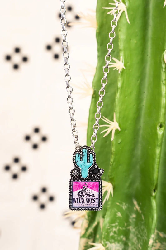 TURQUOISE WILD WEST CACTUS SILVERTONE NECKLACE