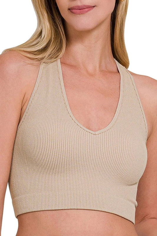 ALL THE BUZZ LIGHT MOCHA RIBBED V-NECK CROPPED TANK - Anchor Fusion Boutique