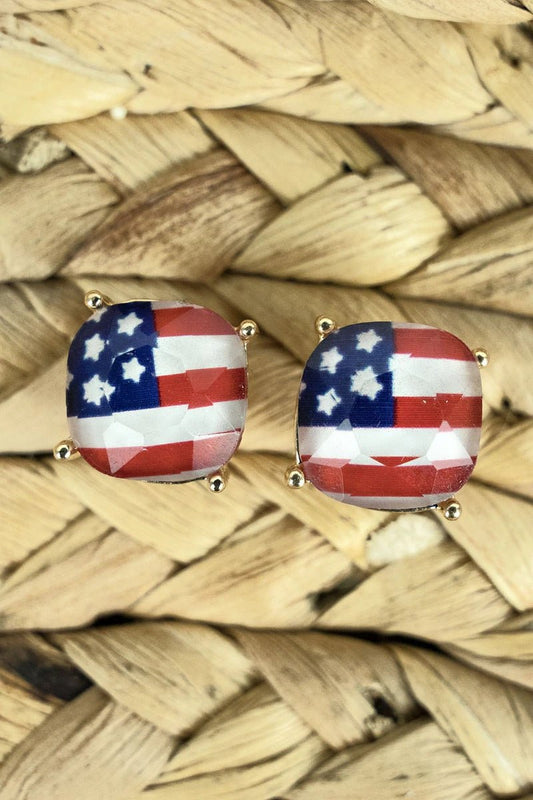 AMERICAN FLAG CUSHION CUT STUD GOLDTONE EARRINGS