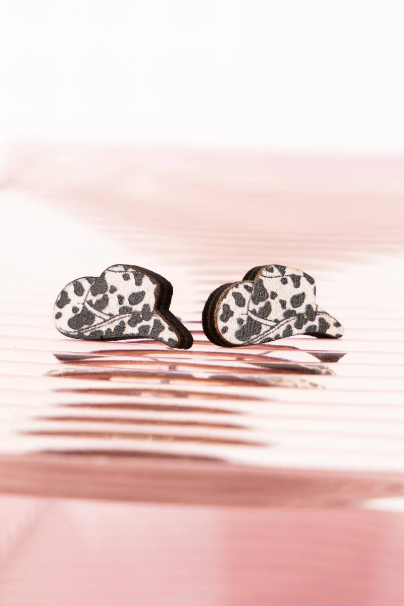 BLACK AND WHITE COW PRINT HAT WOOD EARRINGS