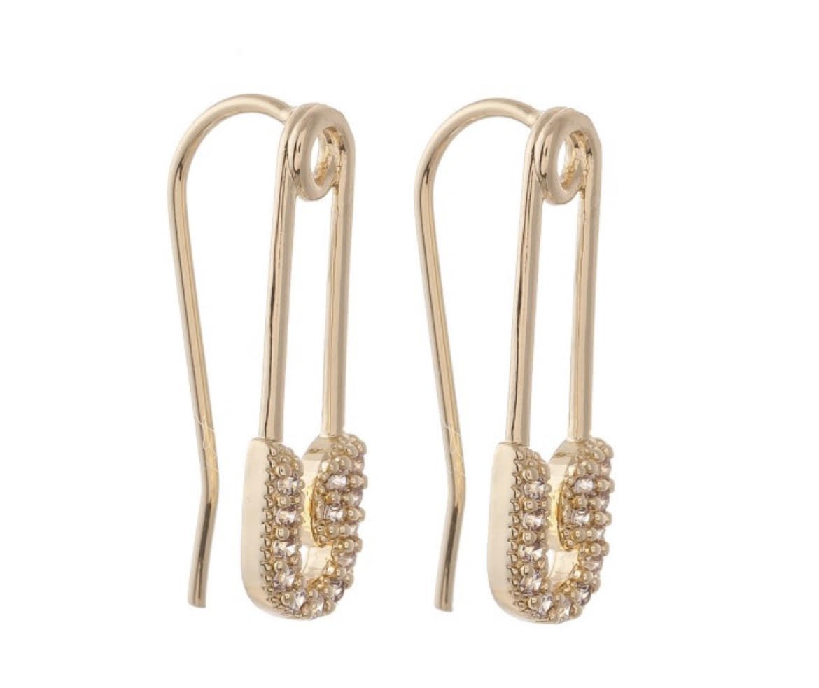 Brass Cubic Zirconia Safety Pin Drop Earrings 122