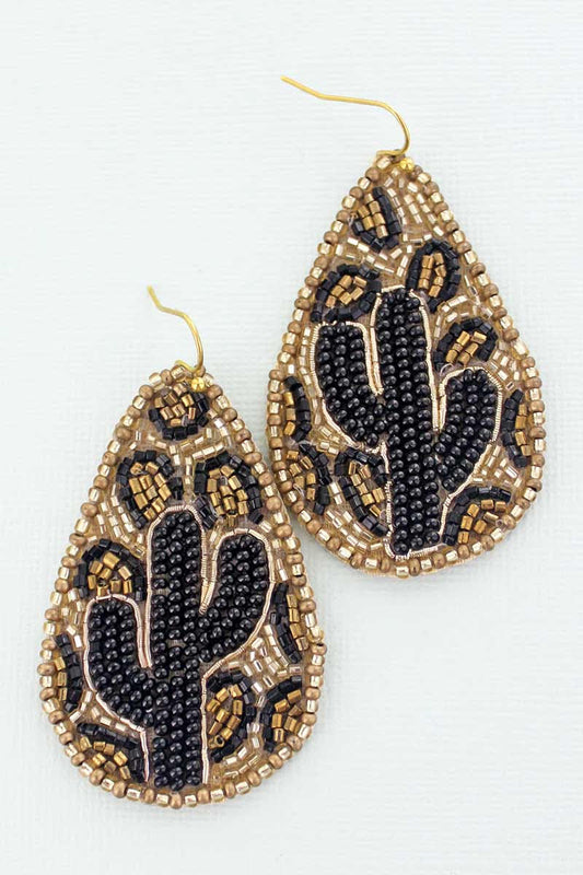 CACTUS GOLD LEOPARD SEED BEAD TEARDROP EARRINGS