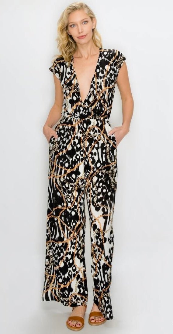 Cap Sleeve Animal Print Jumpsuit with Pockets. - Anchor Fusion Boutique