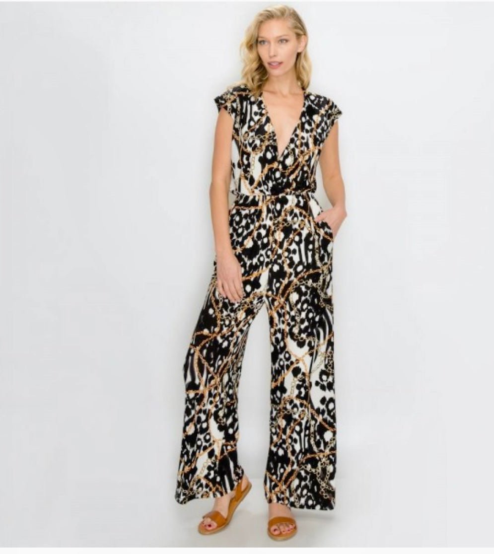 Cap Sleeve Animal Print Jumpsuit with Pockets.