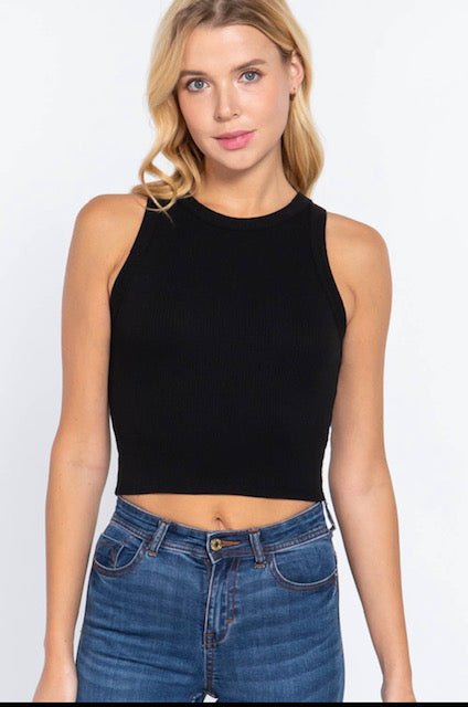 Fitted halter neck ribbed crop tank top black