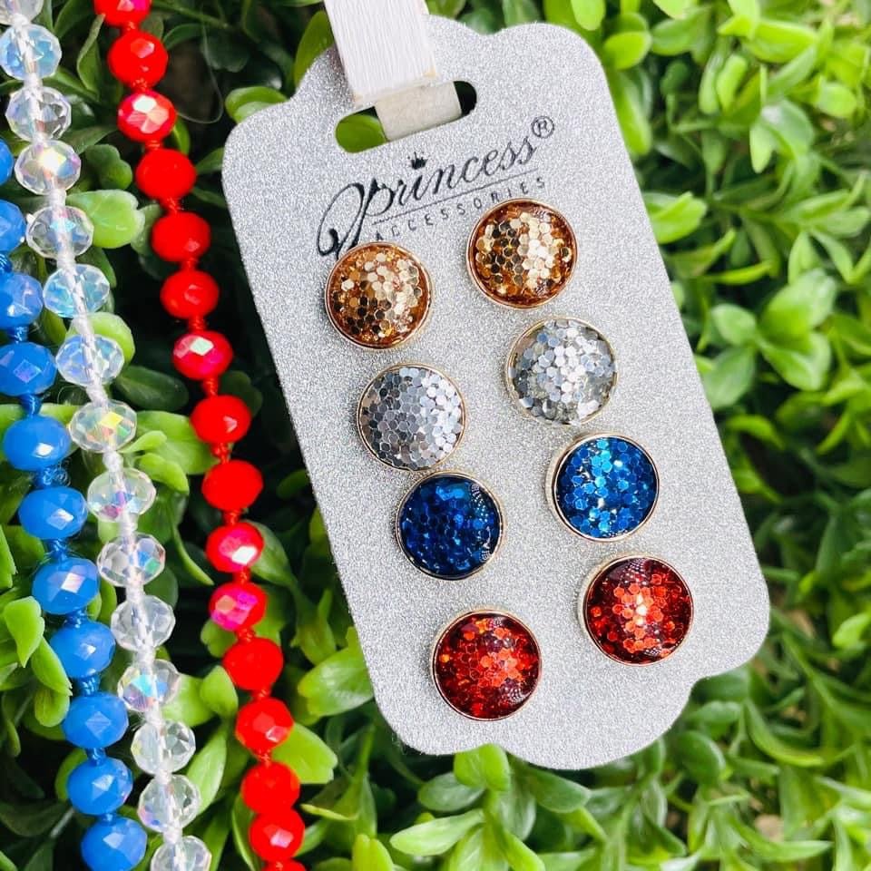 Four Set Stud Earrings (Red, White, Blue, Gold)