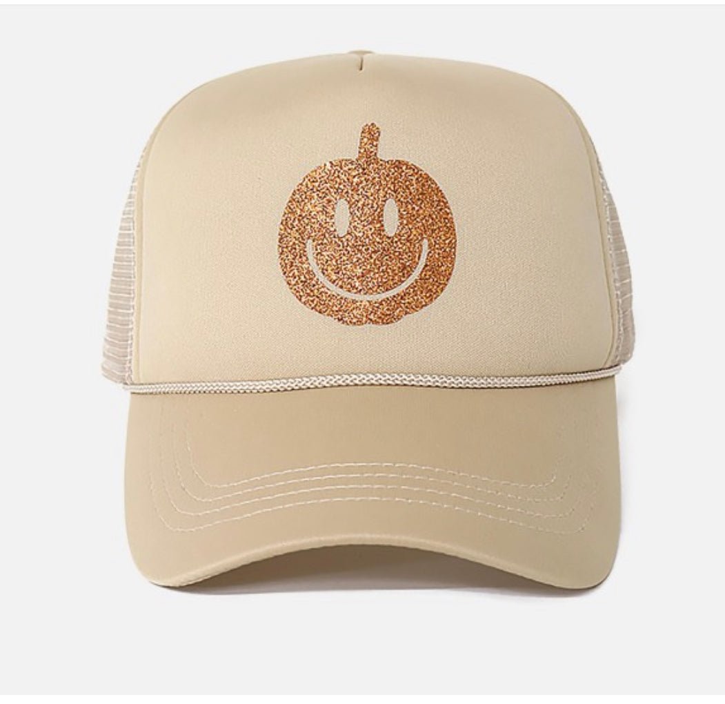 Glitter Smiley Pumpkin Trucker Hat.