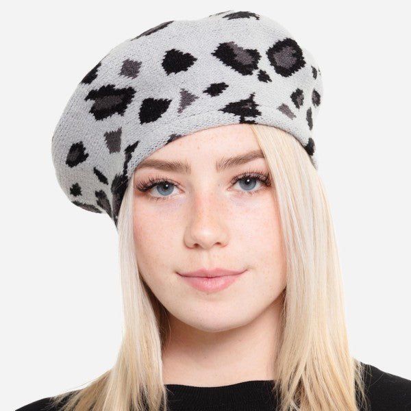 Gray Leopard Skin Knit Beret Cap