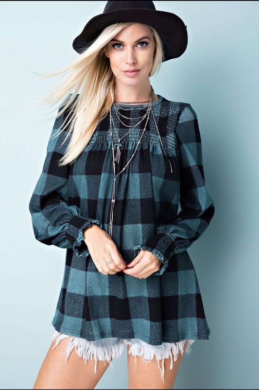 Green Buffalo Check Raw Edge Knit Top - Anchor Fusion Boutique