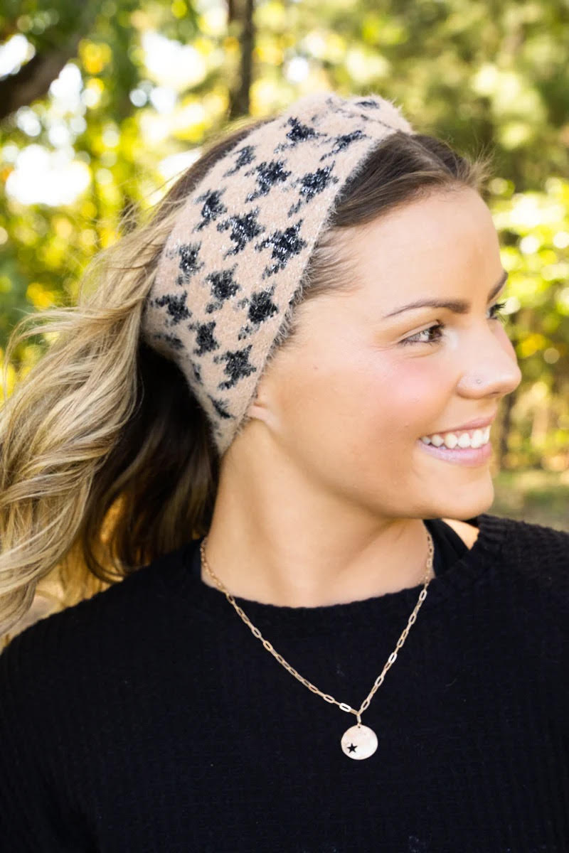 HOUNDSTOOTH WAY KNIT HEADBAND, BEIGE - Anchor Fusion Boutique