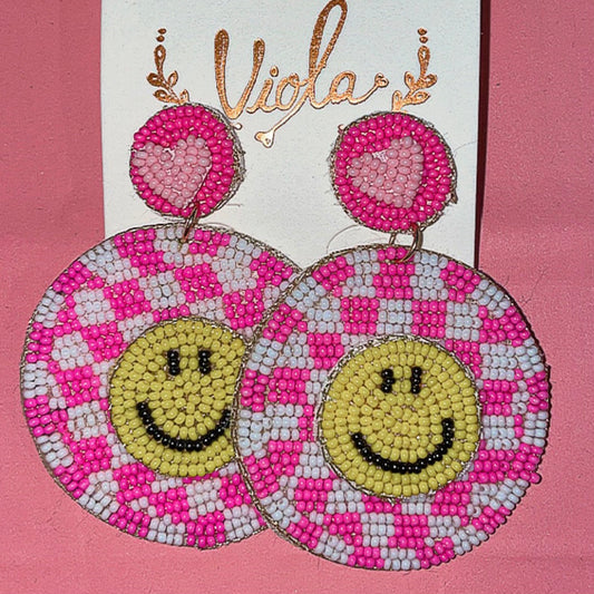 Fuchsia & White Checkerboard Smile Earrings