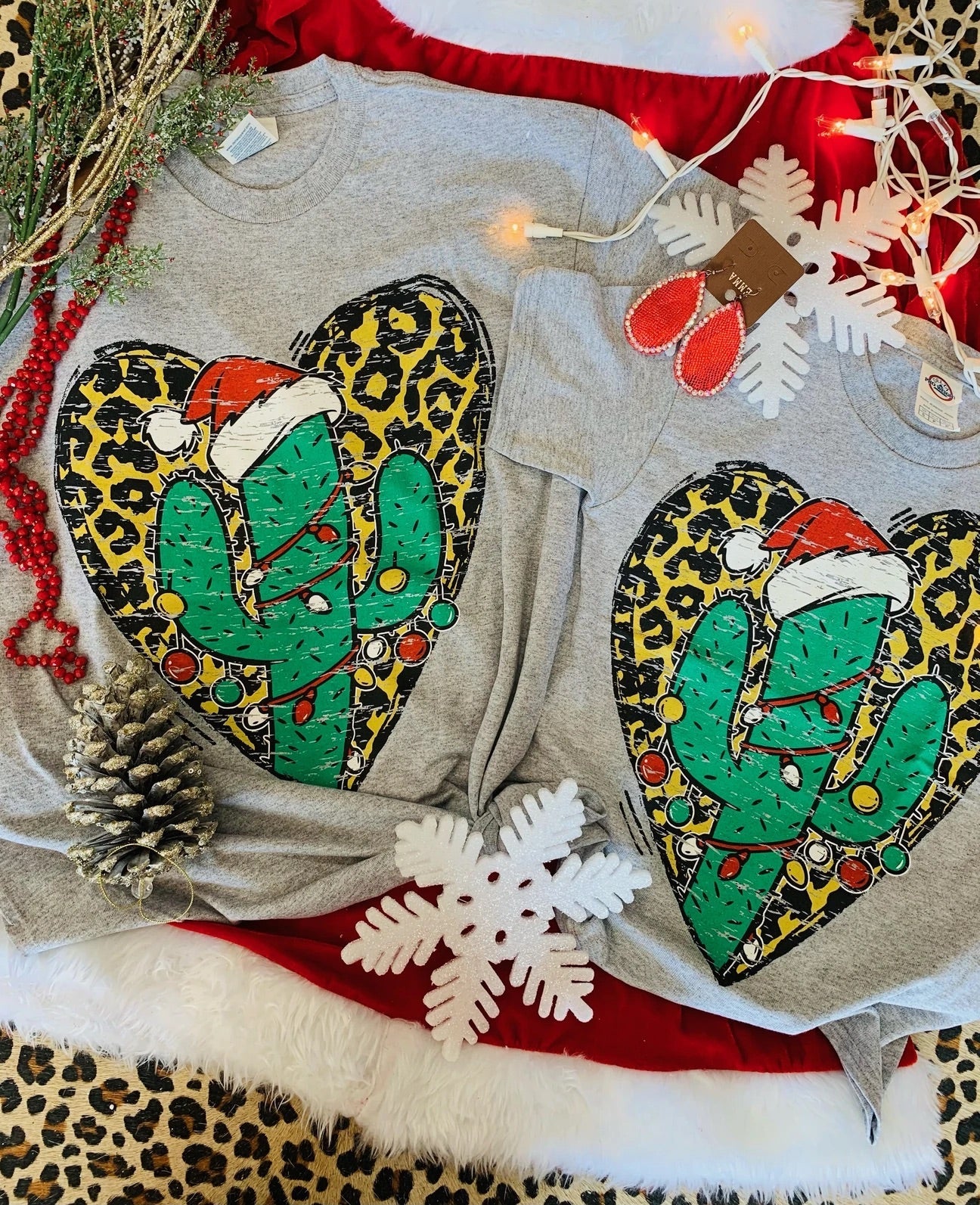 Leopard Christmas Cactus Heart Tee - Anchor Fusion Boutique