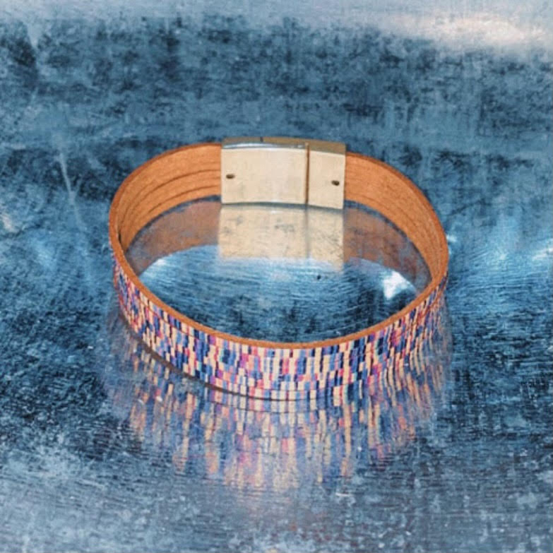 Magnetic navy, purple & gold leather bracelet 105 - Anchor Fusion Boutique