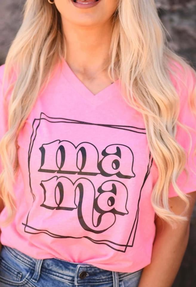 "Mama" Neon Pink V-Neck Tee - Anchor Fusion Boutique