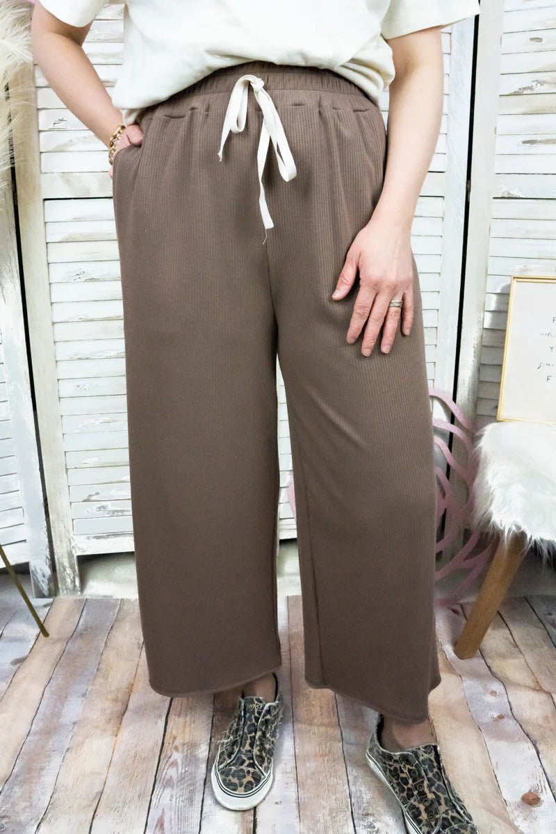 ON YOUR WAY TAUPE RIBBED WIDE CROP LEG PANTS