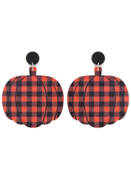 ORANGE BUFFALO PLAID WOOD PUMPKIN EARRINGS - Anchor Fusion Boutique