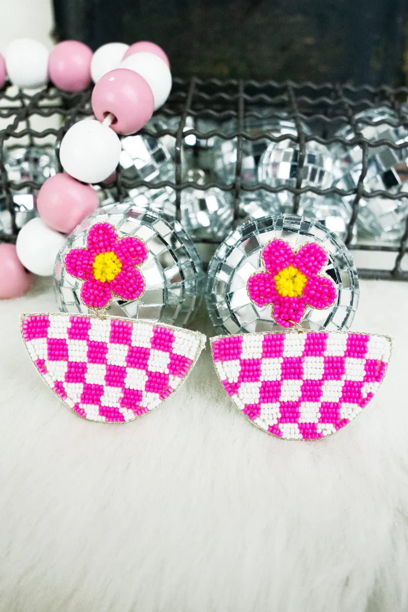 PINK AND WHITE CHECKER BOARD AND FLOWER SEED BEAD EARRINGS - Anchor Fusion Boutique