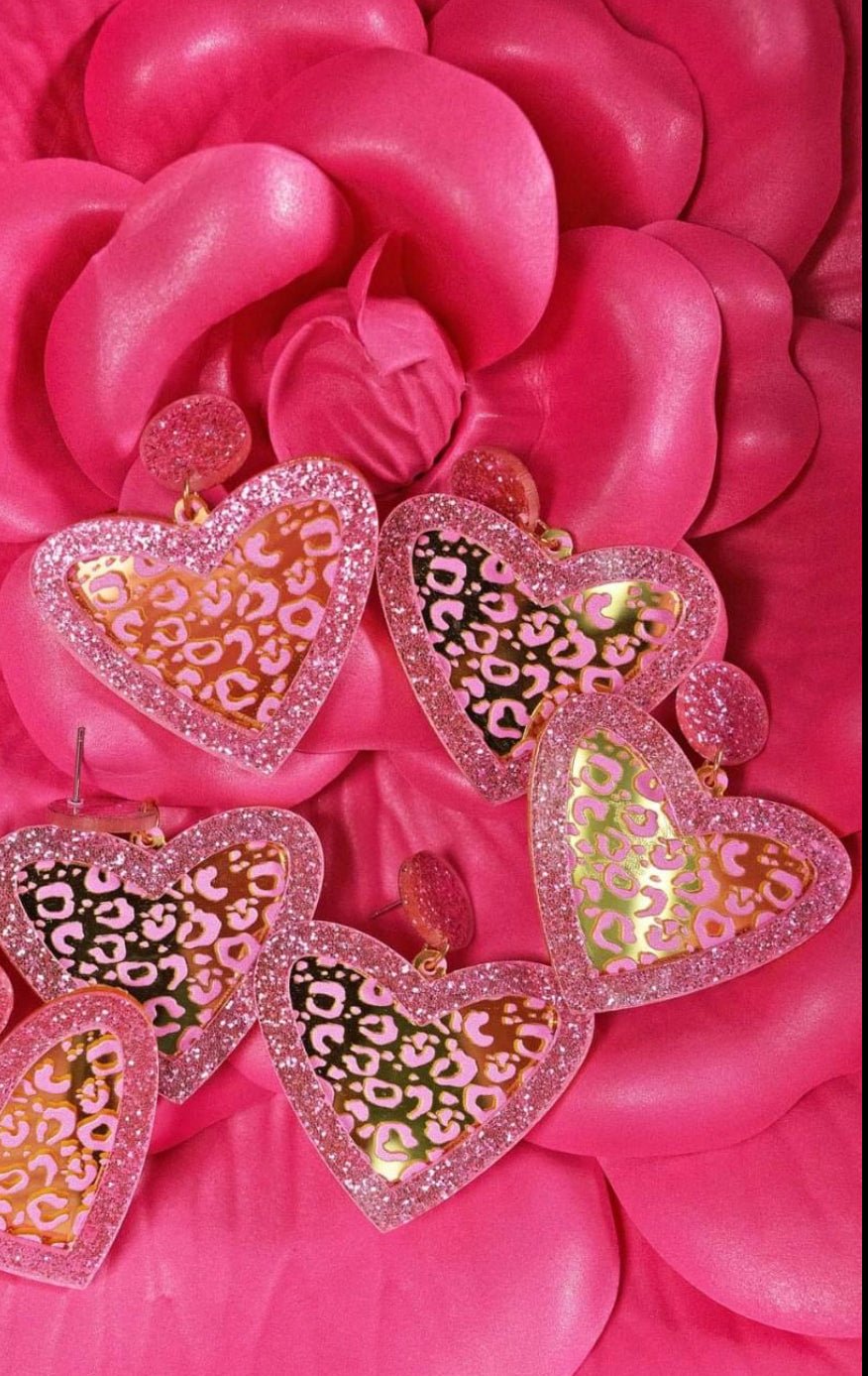 PINK GLITTER LEOPARD HEART EARRINGS - Anchor Fusion Boutique